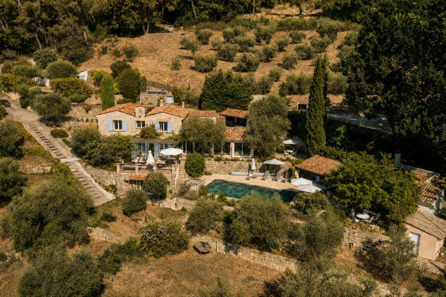 L'Olivette de Callian — aerial view of the estate and pool